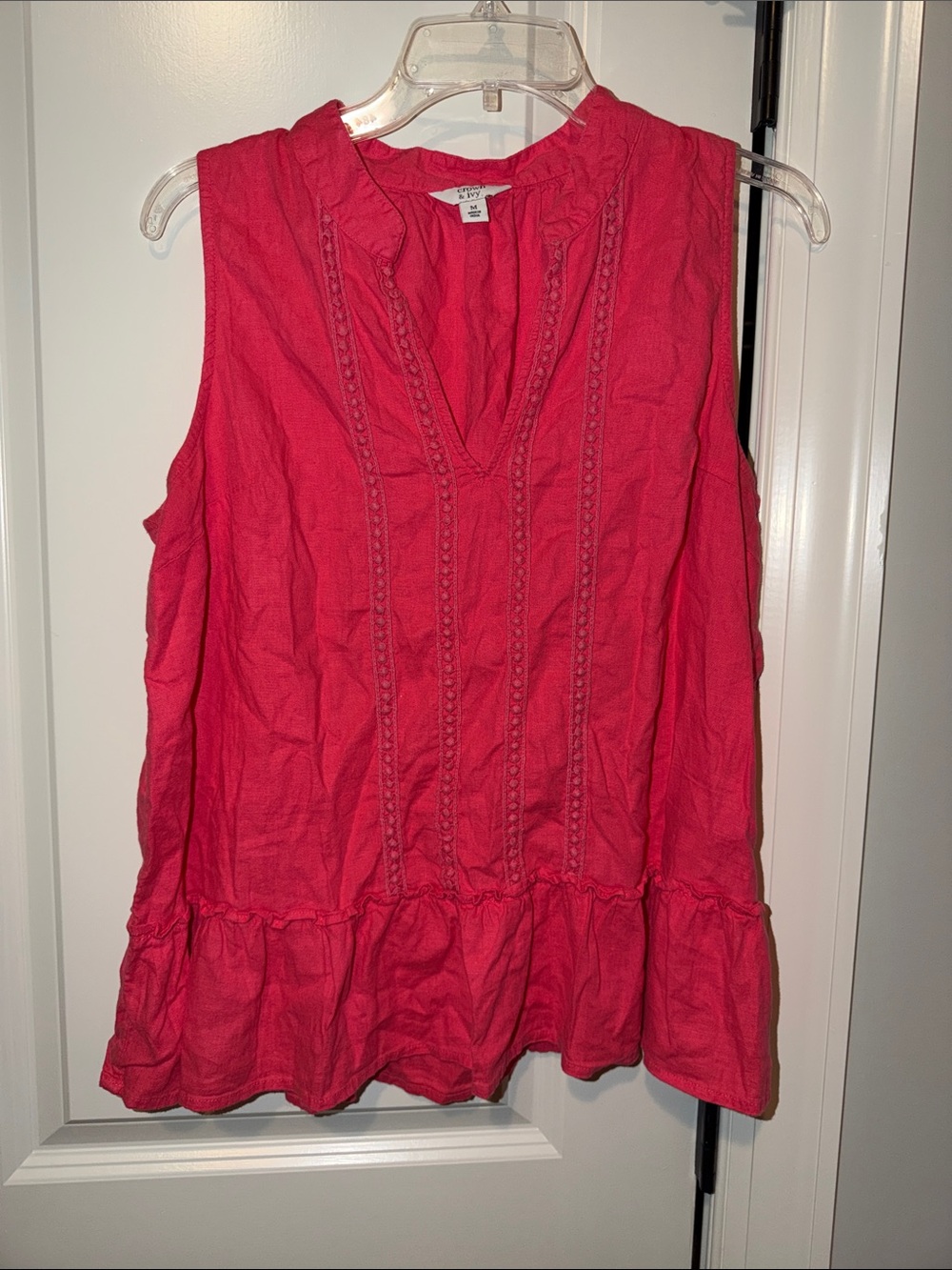 crown & ivy Sleeveless Pink V-Neck Peasant Flowy Linen Rayon Tank size Medium